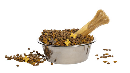 Dog food kibble with bone and treats in bowl