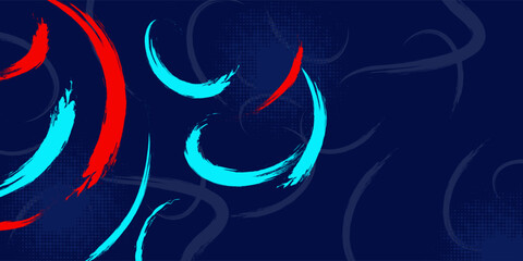 Dark blue abstract background featuring expressive red and cyan paint brush strokes with halftone dot textures and a street-style aesthetic