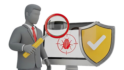 Cybersecurity concept: Man with magnifying glass, computer screen with bug, and shield.