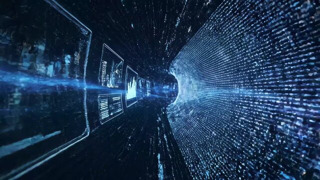 Aerial drone shot gliding through futuristic digital tunnel with glowing blue data streams and reflective surfaces, slow motion cinematic