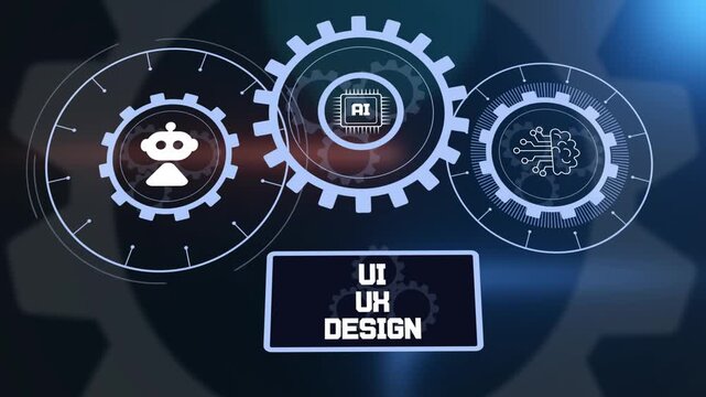 Ui ux design concept with artificial intelligence, robotic automation icons and glowing gear mechanisms.