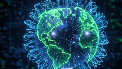 Neon 3d Globe World Map Icon, Global Network Connection