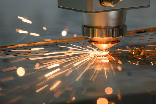 Close up scene the fiber laser cutting machine cut the metal plate control by CNC program.