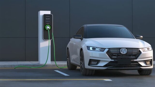 Electric car parking at a minimalist charging post. New energy and eco friendly vehicle conc.