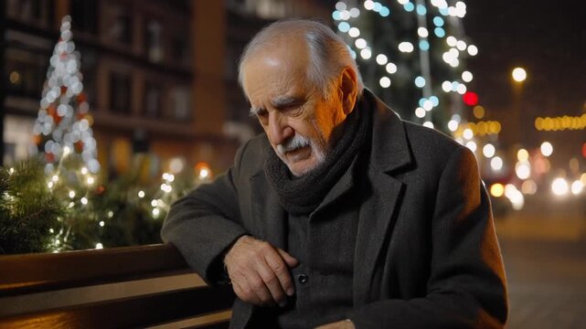 Elderly man sits alone on street bench in city against bright holiday lights. He looks sad