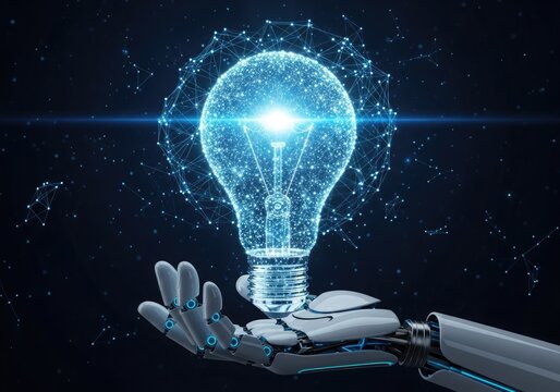 A robotic hand presenting a glowing blue light bulb formed from digital particles, symbolizing artificial intelligence and innovative solutions