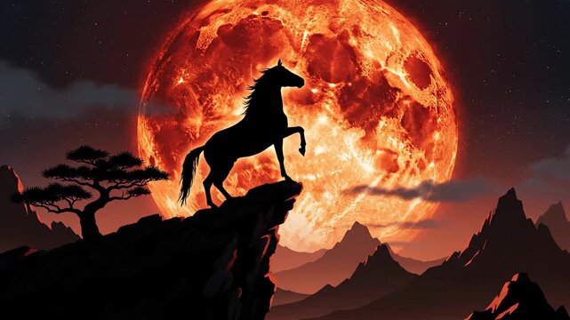 A silhouette of a galloping fire horse stands proudly on a rocky outcrop with a tree, set against a vibrant, burning red and gold lunar new year background, evoking vitality and prosperity