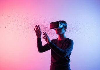 A person wearing a virtual reality headset interacts with a digital world, surrounded by glowing particles, symbolizing immersive technology and virtual experiences