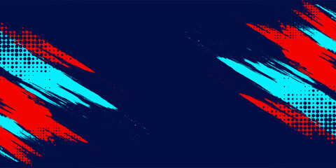 Dark blue abstract background featuring expressive red and cyan paint brush strokes with halftone dot textures and a street-style aesthetic