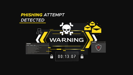 Cyber security warning interface showing phishing attempt detected. mail symbols, and countdown timer for data protection and hacking concept. Dashboard showing unauthorized phishing attempt alert.