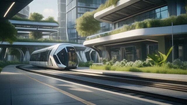 Futuristic transport station inside eco city with sleek architecture and greenery, showcasin.