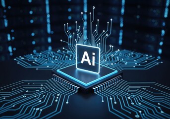 Abstract glowing blue circuit board with ai chip in the center, representing artificial intelligence and technology
