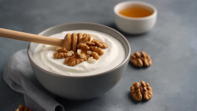Greek yogurt bowl with honey and walnuts on gray background healthy breakfast food with natu.