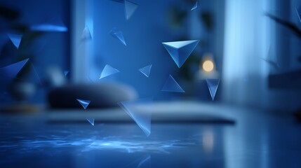 In a dimly lit blue room, vibrant triangular shapes float gracefully in the air, creating a dynamic visual effect. The triangular shapes enhance the overall ambiance and engage vie