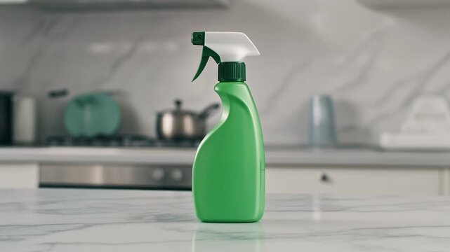Green eco-friendly cleaning spray bottle on marble countertop in bright modern kitchen. home.