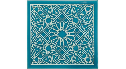 A square ceramic tile with a turquoise base and a complex, repeating geometric pattern in white, evoking an intricate design