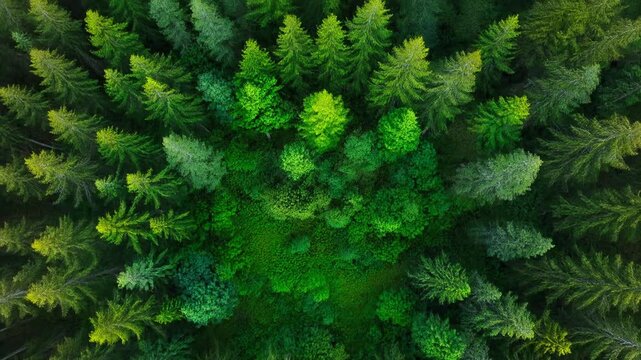 Green forest, bird's eye view of green trees in the forest. Nature of the forest full
