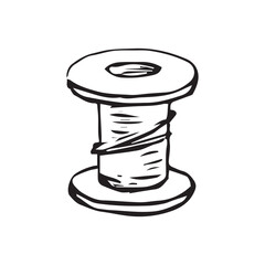 Hand drawn thread spool with round bobbin shape and wooden ends in line art doodle style. Minimal sewing illustration on white background for handmade, craft, textile and DIY design.