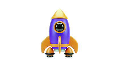 3D Cartoon Rocket Ship with Orange Fins and Purple Body
