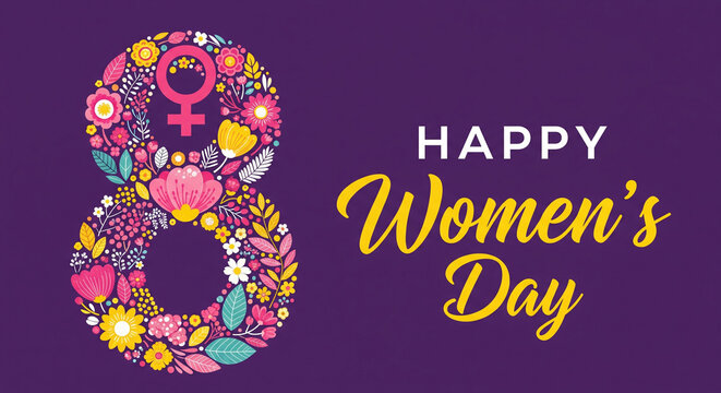 Happy women's day celebration with colorful floral number 8 on purple background