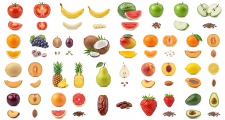 Collection of various fruits including apples, bananas, watermelon, grapes, coconut, mango, citrus, pineapple, pear, avocado, and strawberries, arranged with slices and seeds on a clean white backgrou
