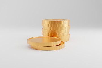 A 3D image depicting the concept of saving money with coins and investing for financial growth and profit against a white background.