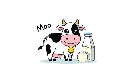Obraz premium Friendly cartoon cow character standing next to a bottle of fresh milk and a round of cheese on a white background for a dairy concept.