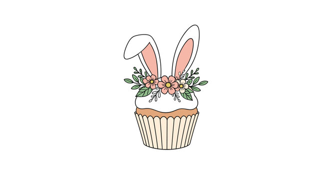 Beautifully decorated Easter cupcake topped with white frosting, spring flowers, and cute rabbit ears on a plain white background.