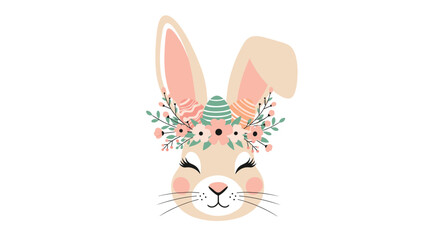 Fototapeta premium Cute Easter bunny head decorated with a colorful flower crown and patterned eggs against a clean white background.