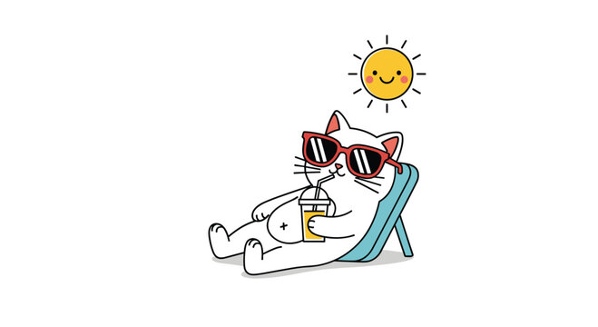 Cool white cat wearing red sunglasses relaxes on a blue beach chair while sipping a drink from a cup under a bright smiling sun mascot.
