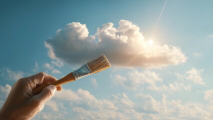 Artist paintbrush metaphor "painting" white, fluffy clouds onto a dark, stormy sky. Paintbrush being used to paint the sky with white clouds. Sky painting with paintbrush white stormy clouds. 