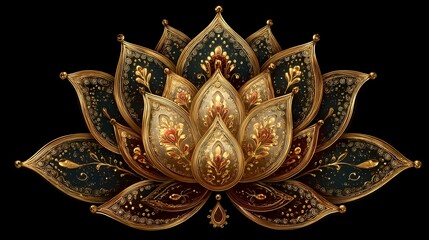 Ornate golden lotus emblem with intricate filigree patterns on black background. Luxurious symmetrical floral motif with ruby accents.