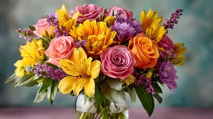 Obraz premium Lush floral arrangement in glass vase with pink roses, yellow lilies, and purple wildflowers. Vibrant spring bouquet for home decor.