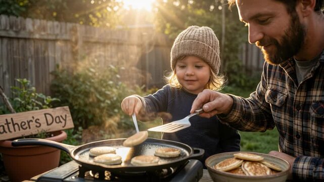 Man cooks pancakes on a portable griddle in a backyard while a young child helps with a spatula and smiles. Sunlight filters through a wooden fence and a Father's Day sign adds holiday context