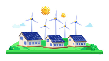 Flat vector of a solar-powered server farm with wind turbines, mining Bitcoin symbols, concept of sustainable and green crypto mining.