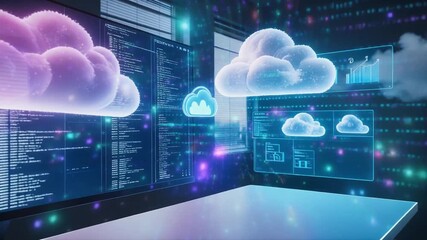 Futuristic Cloud Computing Workspace with Holographic Data and Analytics - Powered by Adobe