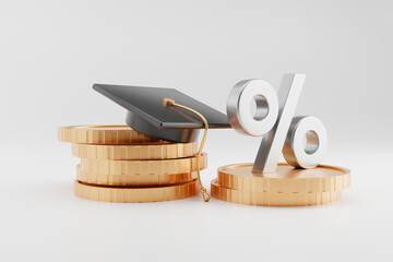 A graduation cap on a pile of coins, against a white background. The concept relates to education expenses and investment in education. 3D rendering.