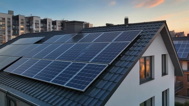 Modern eco friendly passive house with solar panels on rooftop. Home solar panel. Solar pane.