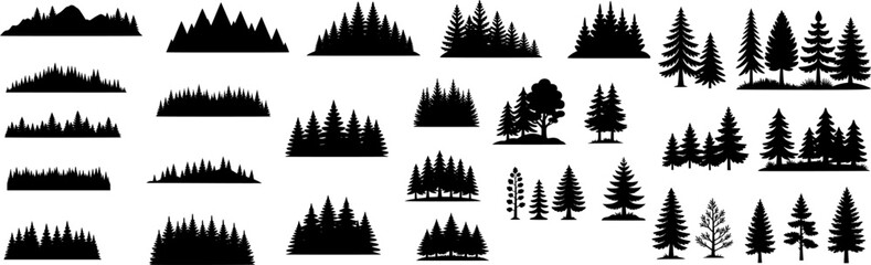 Vector set of forest, pine and fir tree silhouettes. Natural woodland elements isolated on white background, perfect for logos, prints, cut files and design projects.