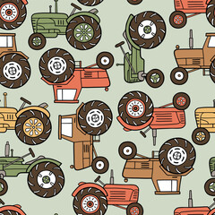 Seamless vector pattern with hand drawn vintage tractors. Perfect for textile, wallpaper or nursery print design. EPS10 vector file.