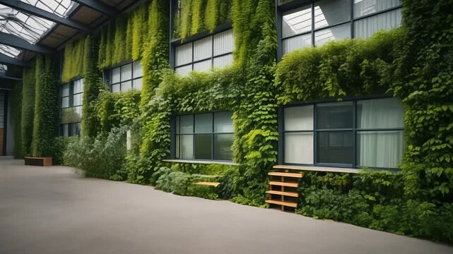 Modern eco friendly warehouse with green wall, large windows, sustainable design, and natura.