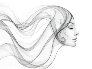 Womans Face with Flowing Hair in Elegant Line Art with Soft Gray Tones on White Background for Beauty Editorial