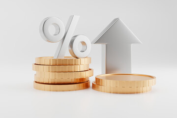 Percentage symbols on a stack of coins against a white background. The concept relates to investment and future growth. 3D rendering.