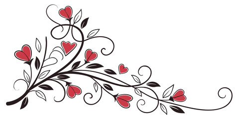 A beautiful decorative floral flourish with heart-shaped flowers and elegant swirls, vector
