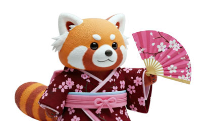 Red Panda in Kimono with Cherry Blossom Fan