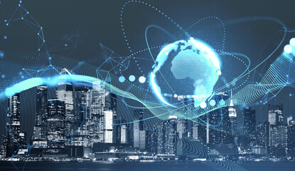 Digital world map and data streams over city skyline at night, futuristic graphic style, deep blue background, concept of global communication and technology