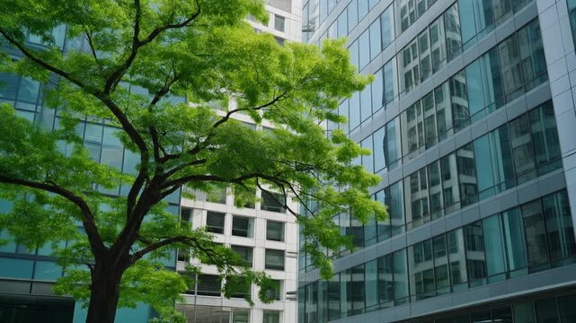office building with tree for reducing carbon dioxide, Eco green environment 