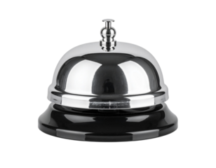 Shiny Silver Hotel Service Bell Front View, Polished Metal, isolated on white background