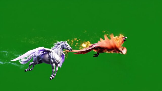 A mythical fire horse, symbolizing the 2026 Chinese Zodiac Shio Kuda, gallops with flames and embers burning around its body, set against an abstract green background with a cinematic and