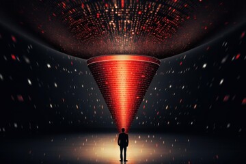 Man standing under a funnel processing digital information and data